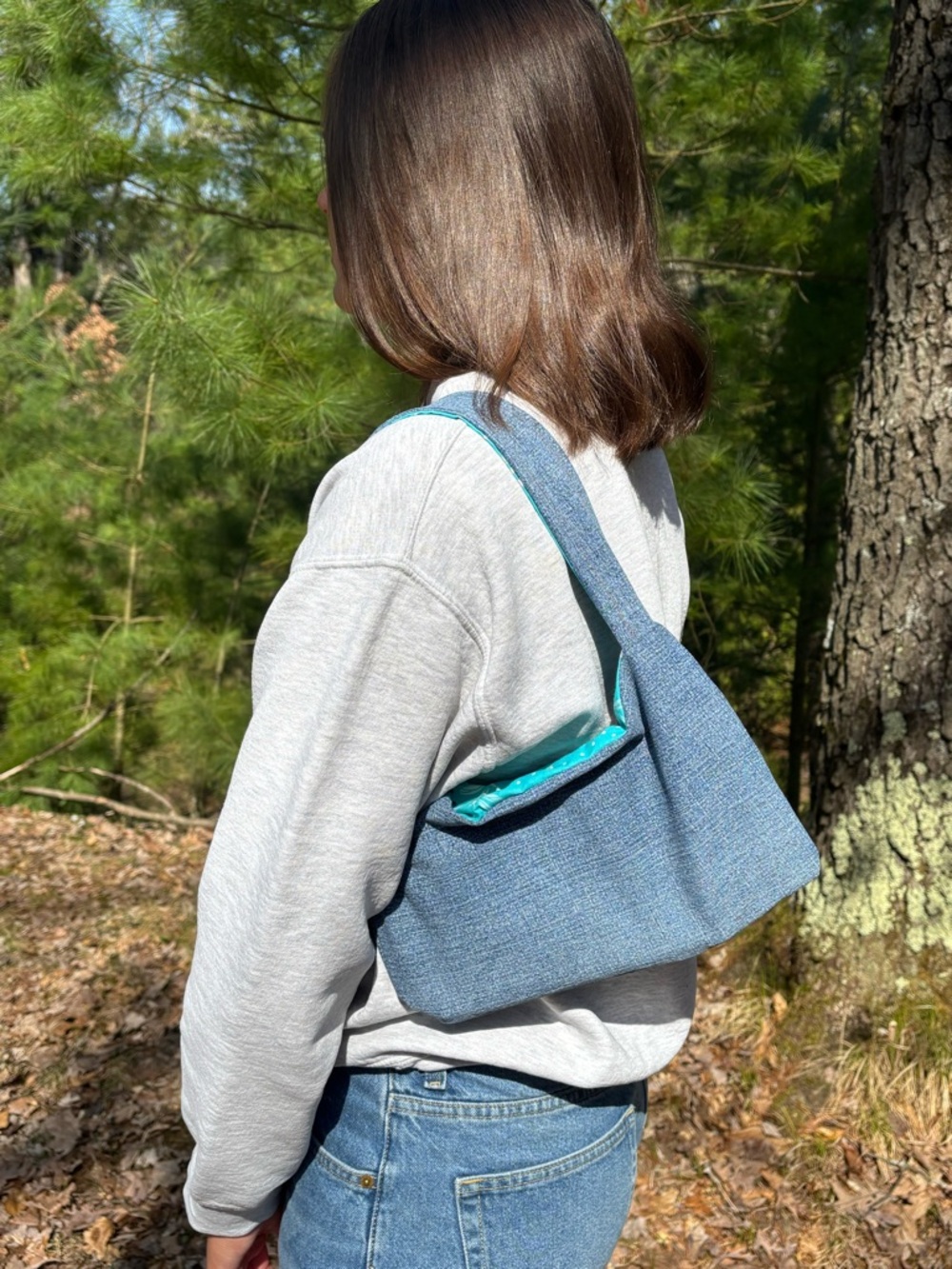 Handmade Denim Shoulder Bag with Teal Lining